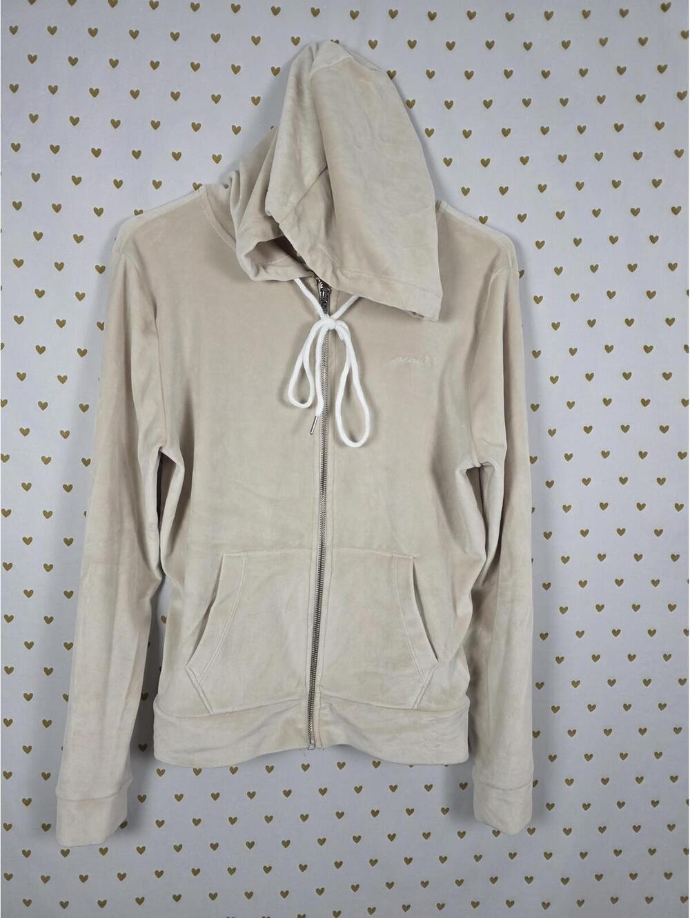 Victorias Secret Pink Beige VELOUR Velvet Feel Hooded Full Zip Jacket Hoodie SM